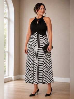 Laura NWOT Black & White Geometric Halter Maxi Dress Size 14 Elegant